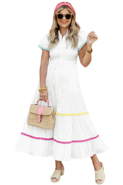 White Colorblock Rickrack Trim Short Sleeve Drawstring Waist Long Dress