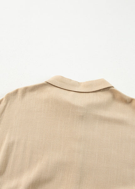 Tan Puff Sleeve Buttoned Tiered Pleated Shirt Mini Dress