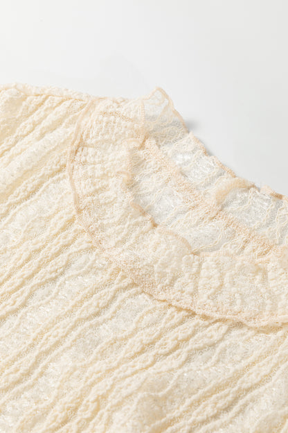 Apricot Flounced Long Sleeve Mock Neck Sheer Lace Top