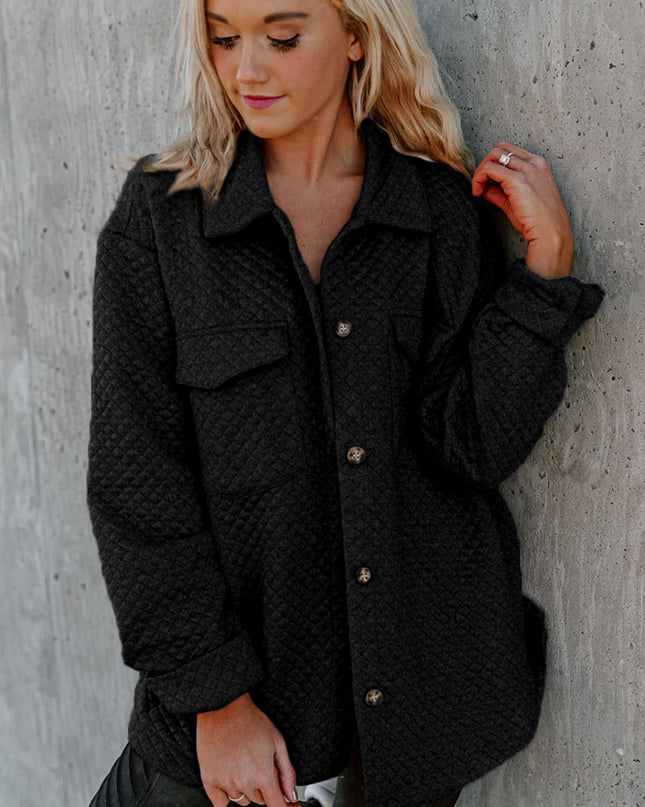 Black Retro Quilted Flap Pocket Button Shacket