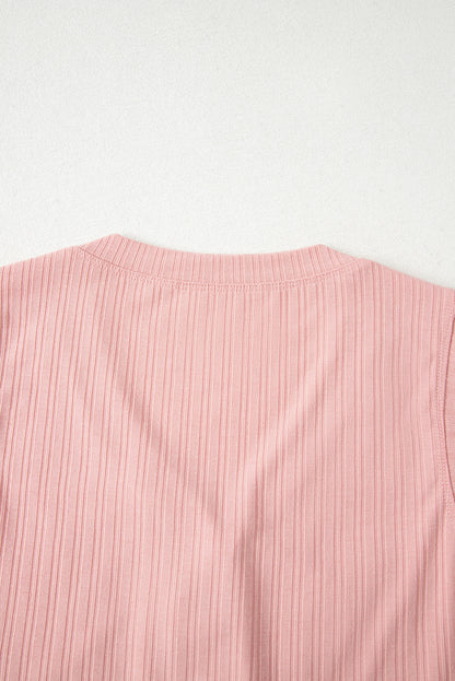 Gossamer Pink Ribbed Button V Neck Tank Top and Shorts Set