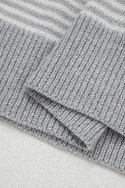 Gray Stripe Contrast Heart Pattern Valentine Knit Sweater