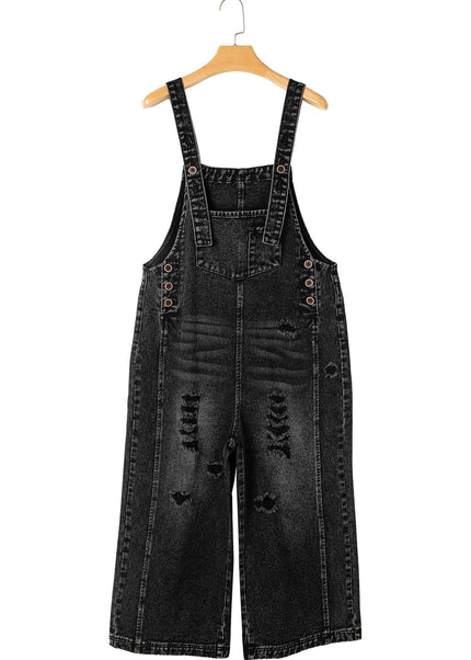 Stone Blue Distressed Bib Pocket Wide Leg Denim Overall