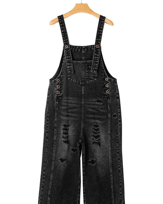 Stone Blue Distressed Bib Pocket Wide Leg Denim Overall