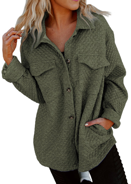 Black Retro Quilted Flap Pocket Button Shacket