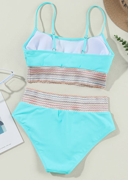 Peach Blossom Striped Patchwork Spaghetti Strap High Waist Bikini Swimsuit