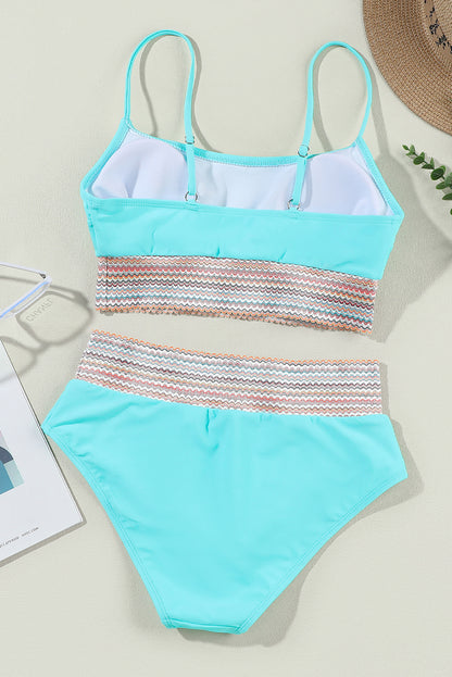 Peach Blossom Striped Patchwork Spaghetti Strap High Waist Bikini Swimsuit