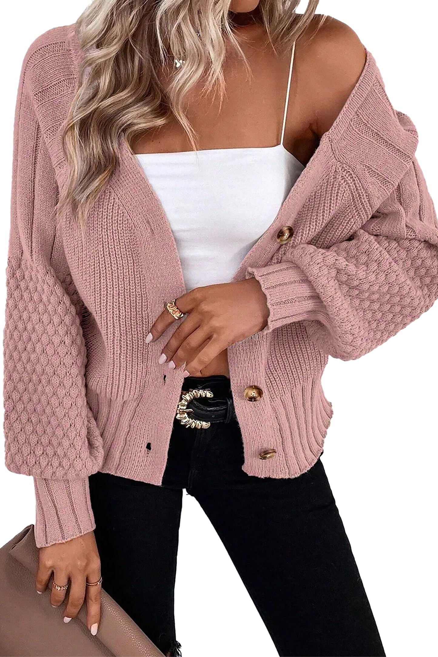 Goat Mixed Texture Knit Button V Neck Sweater Cardigan