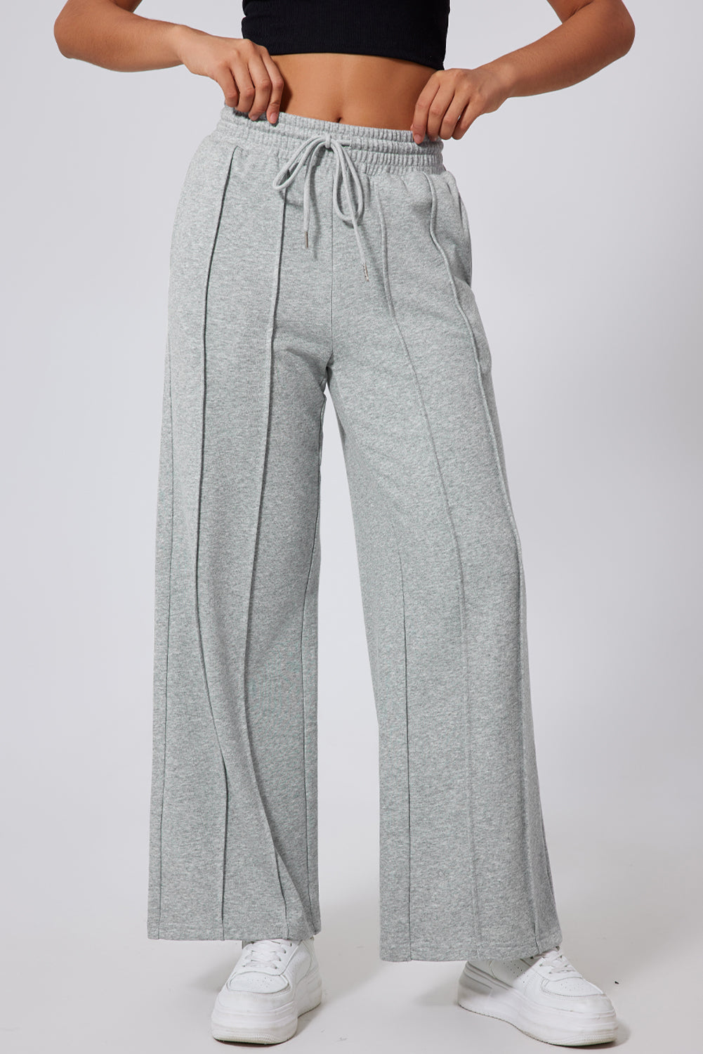 Black Seamed Drawstring High Waist Wide Leg Sweatpants