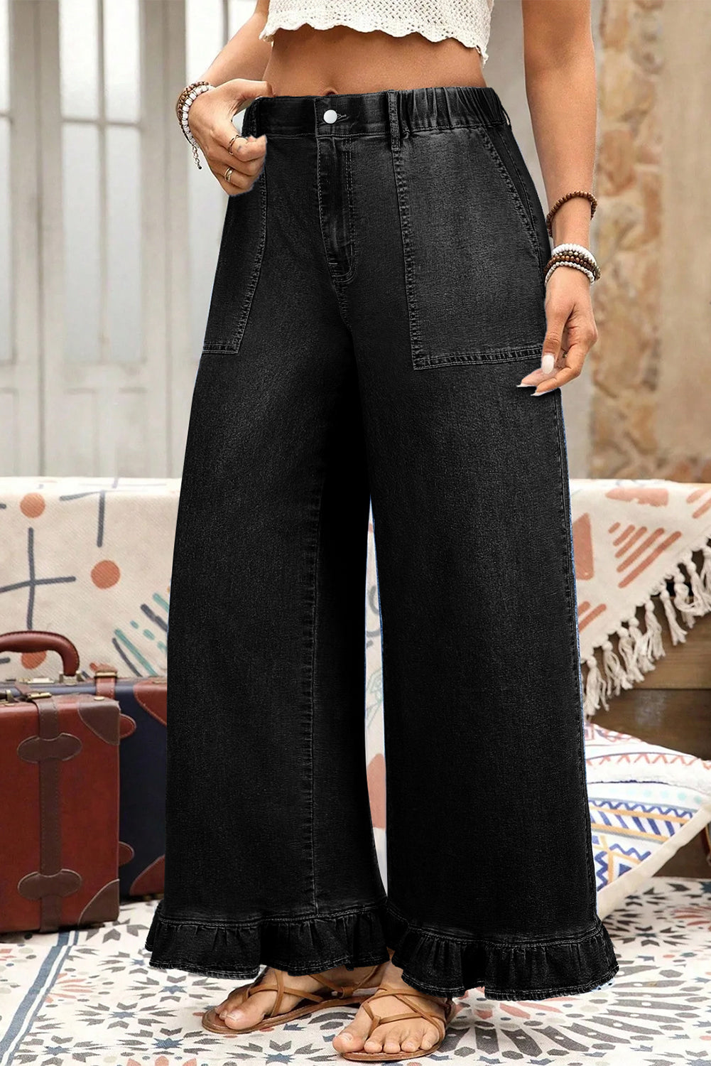 Sail Blue Plus Size Elastic Waist Ruffled Wide Leg Denim Pants
