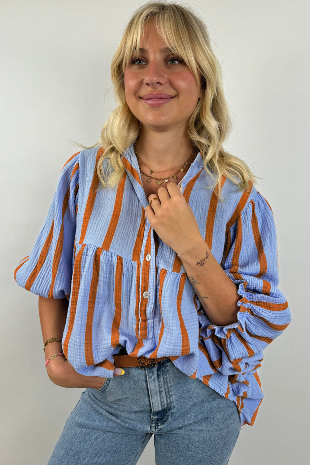 Orange Stripe Crinckled Ruffled Sleeve Button up Loose Shirt