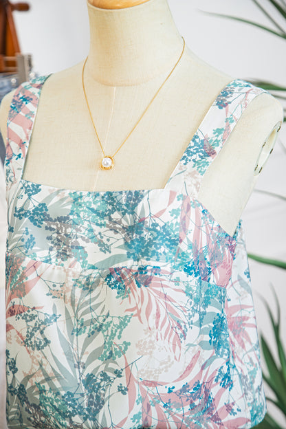 Green Tropical Palm Printed Cropped Tank Drawstring Wide Leg Pant Set