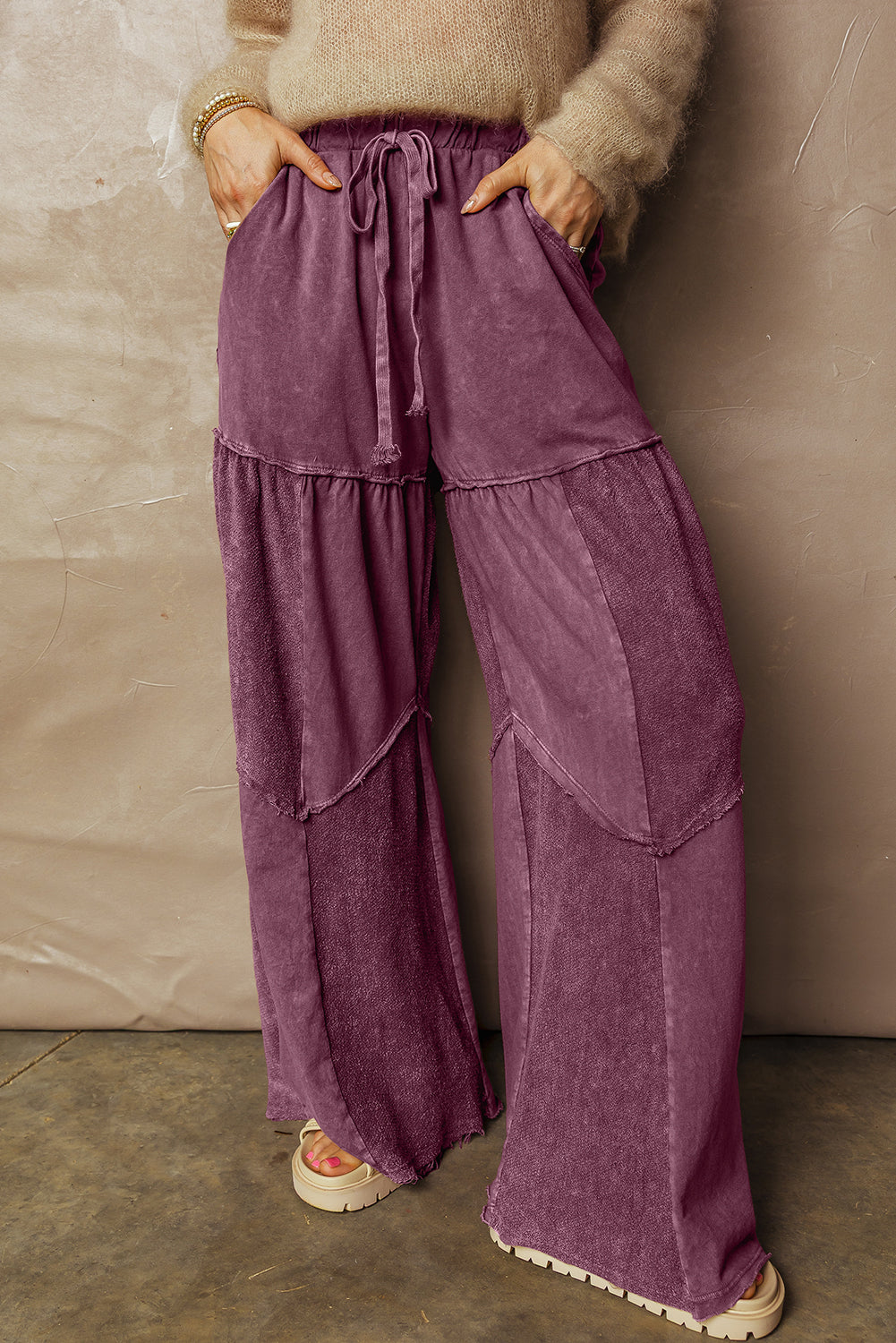 Ashleigh Blue Careys Mineral Wash Tiered Wide Leg Patchwork Drawstring Pants