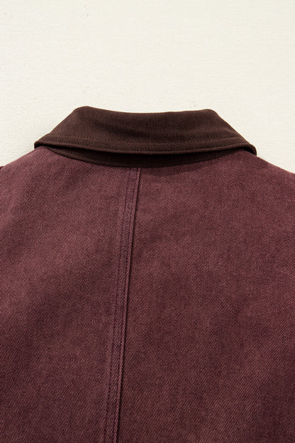 Coffee Corduroy Collar Zipped Front Denim Jacket