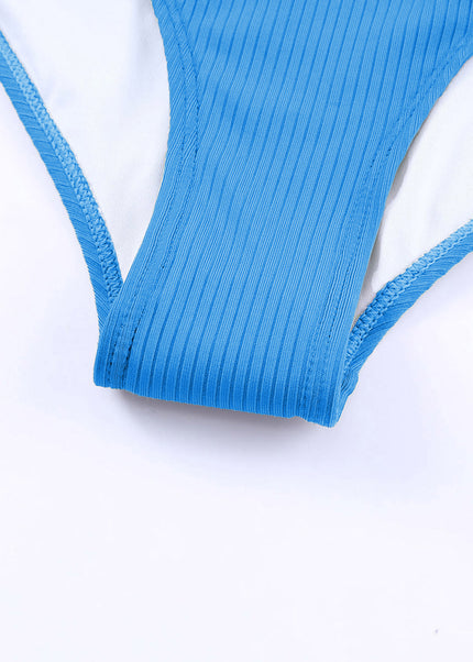 Sky Blue Adjustable Straps Ribbed Knit One Piece Swimsuit