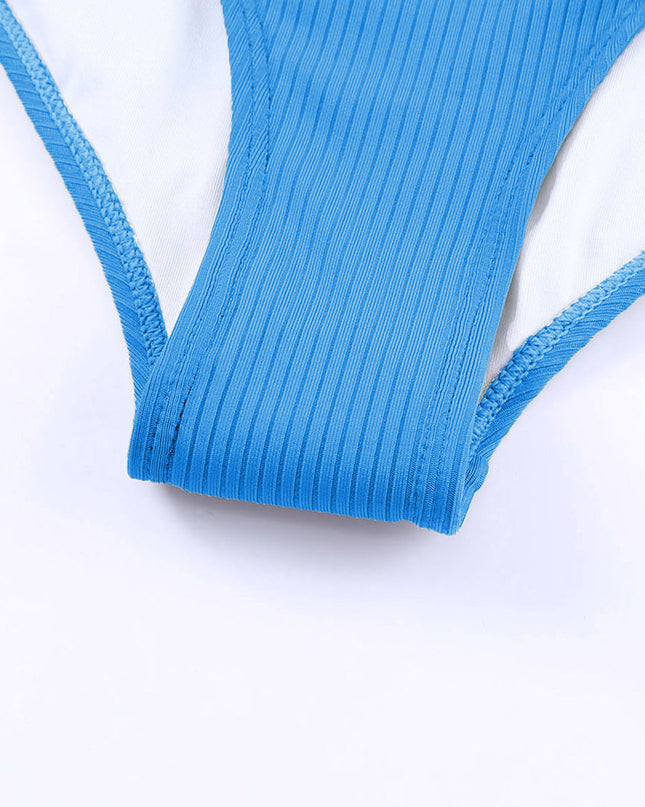 Sky Blue Adjustable Straps Ribbed Knit One Piece Swimsuit