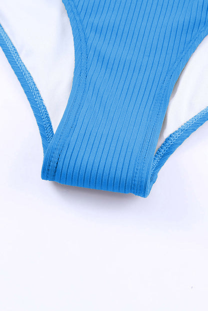 Sky Blue Adjustable Straps Ribbed Knit One Piece Swimsuit