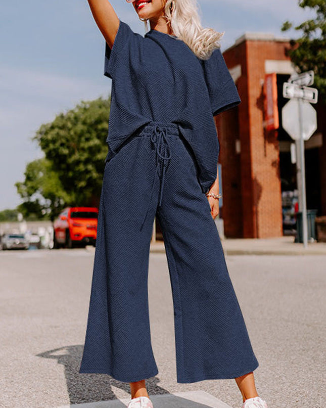 Black Textured Loose Fit T Shirt and Drawstring Pants Set