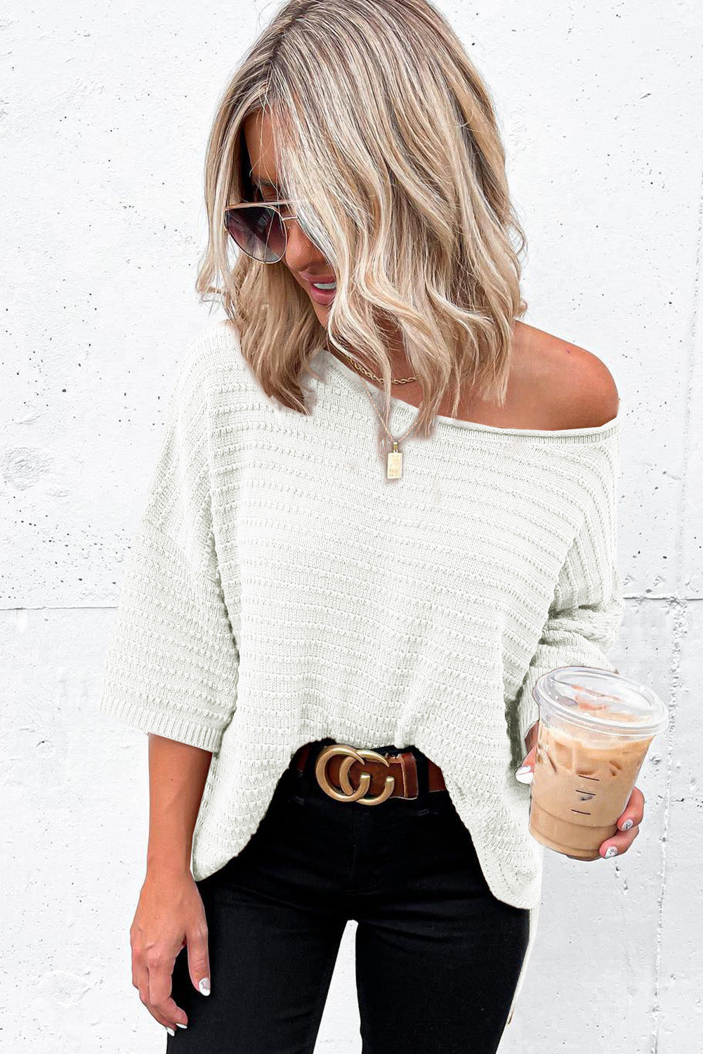 Beige Textured Knit Drop Shoulder Short Sleeve Sweater