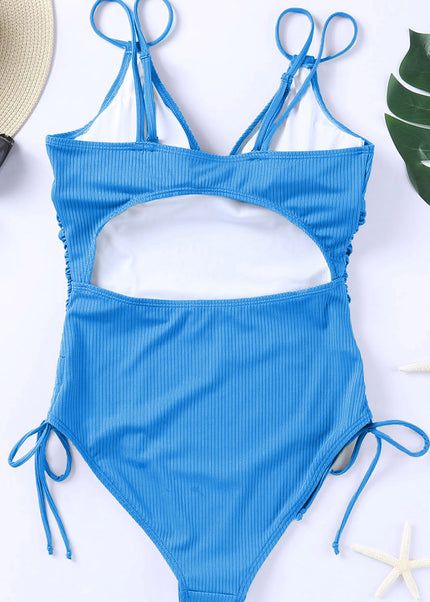 Sky Blue Adjustable Straps Ribbed Knit One Piece Swimsuit