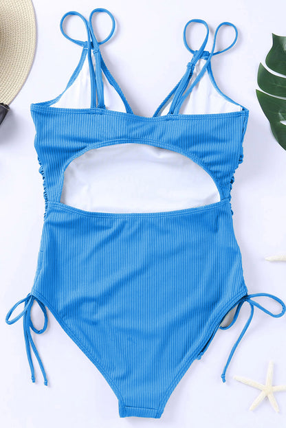 Sky Blue Adjustable Straps Ribbed Knit One Piece Swimsuit