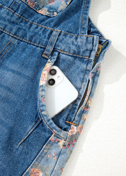 Peacock Blue Floral Patchwork Bib Denim Wide Leg Overalls