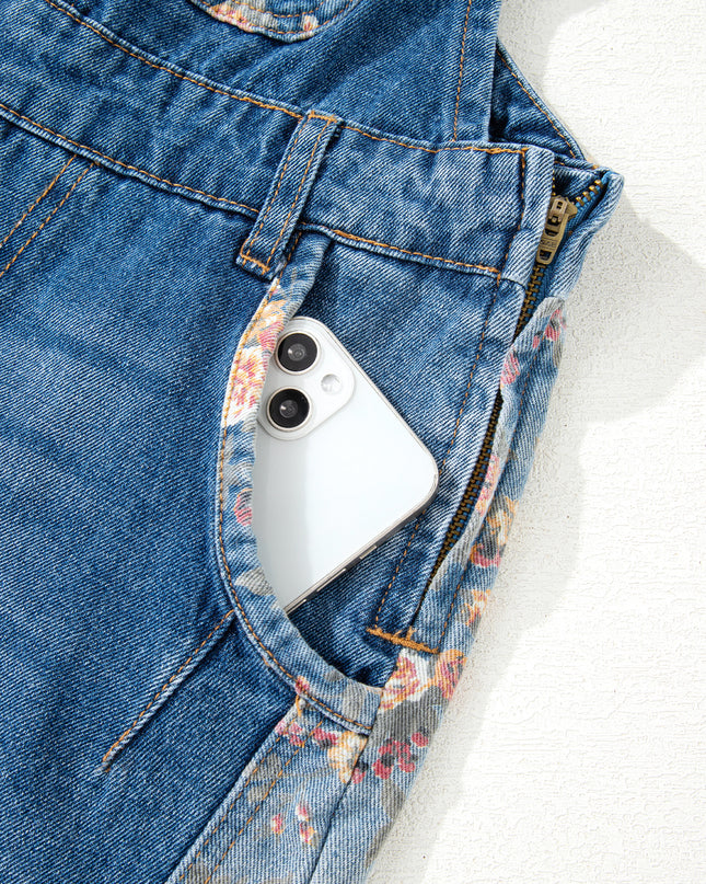Peacock Blue Floral Patchwork Bib Denim Wide Leg Overalls