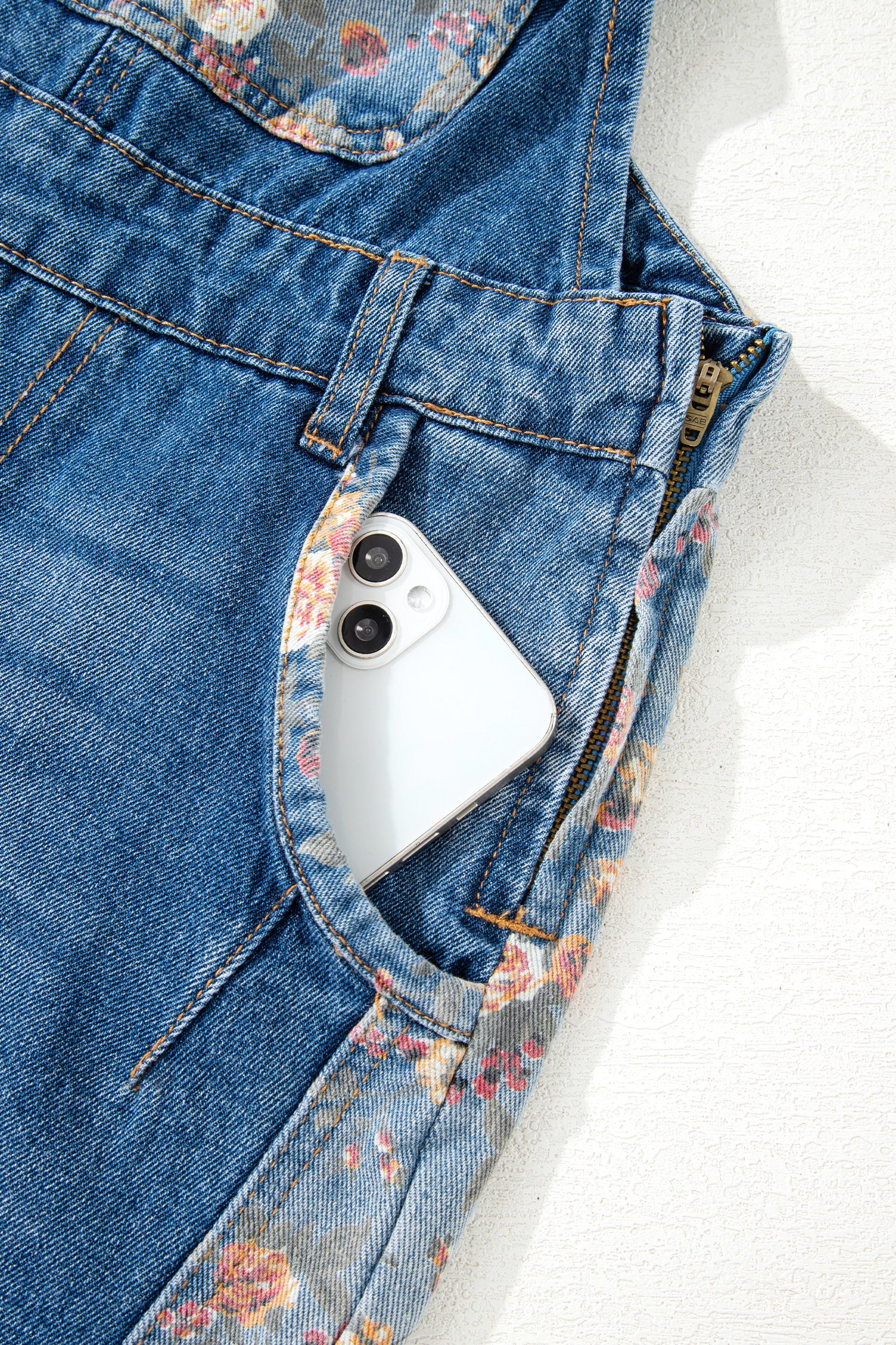 Peacock Blue Floral Patchwork Bib Denim Wide Leg Overalls