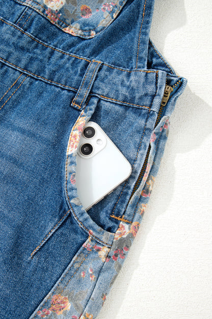 Peacock Blue Floral Patchwork Bib Denim Wide Leg Overalls