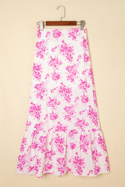 Sky Blue Boho Floral High Waist Ruffle Split Maxi Skirt