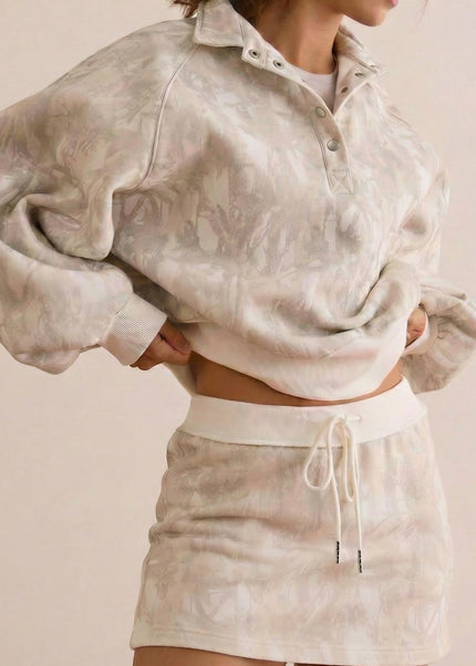 White Abstract Woodland Print Balloon Sleeve Pullover Drawstring Mini Skort Set
