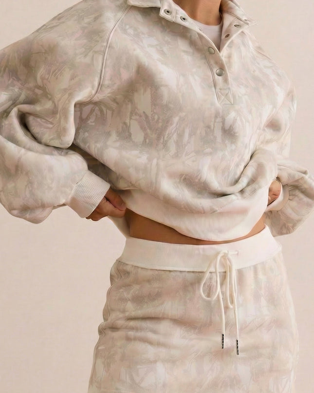 White Abstract Woodland Print Balloon Sleeve Pullover Drawstring Mini Skort Set