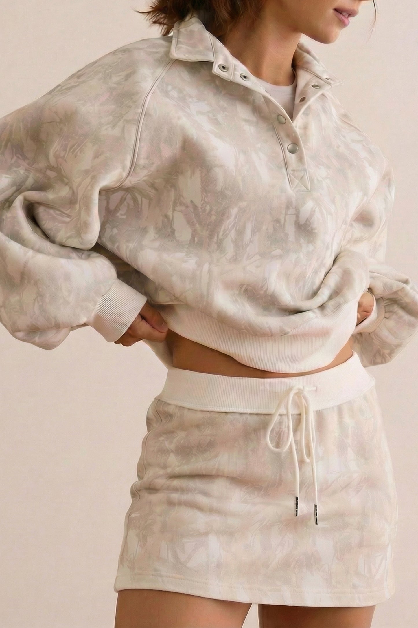 White Abstract Woodland Print Balloon Sleeve Pullover Drawstring Mini Skort Set