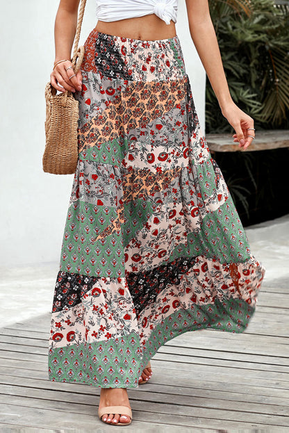 Multicolor Boho Print Tie-Up Waist Long Maxi Skirt