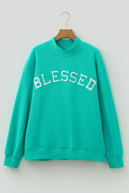 Bright Pink Oversize Blessed Embroidered Mock Neck Sweatshirt