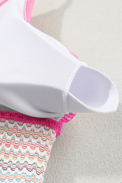 Peach Blossom Striped Patchwork Spaghetti Strap High Waist Bikini Swimsuit