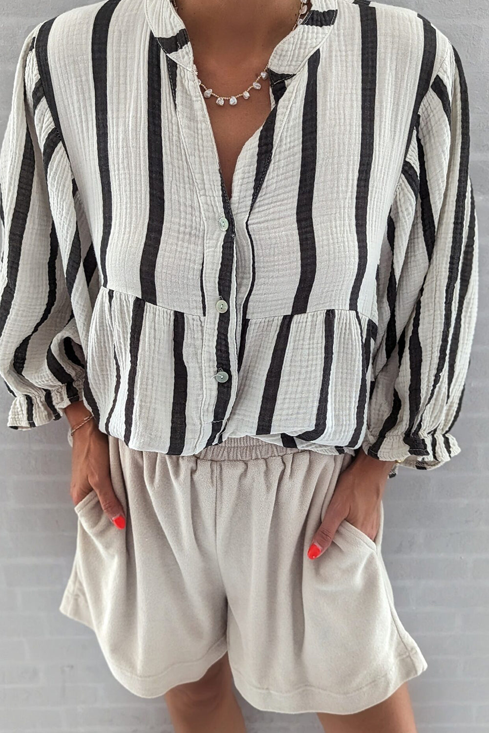 Orange Stripe Crinckled Ruffled Sleeve Button up Loose Shirt