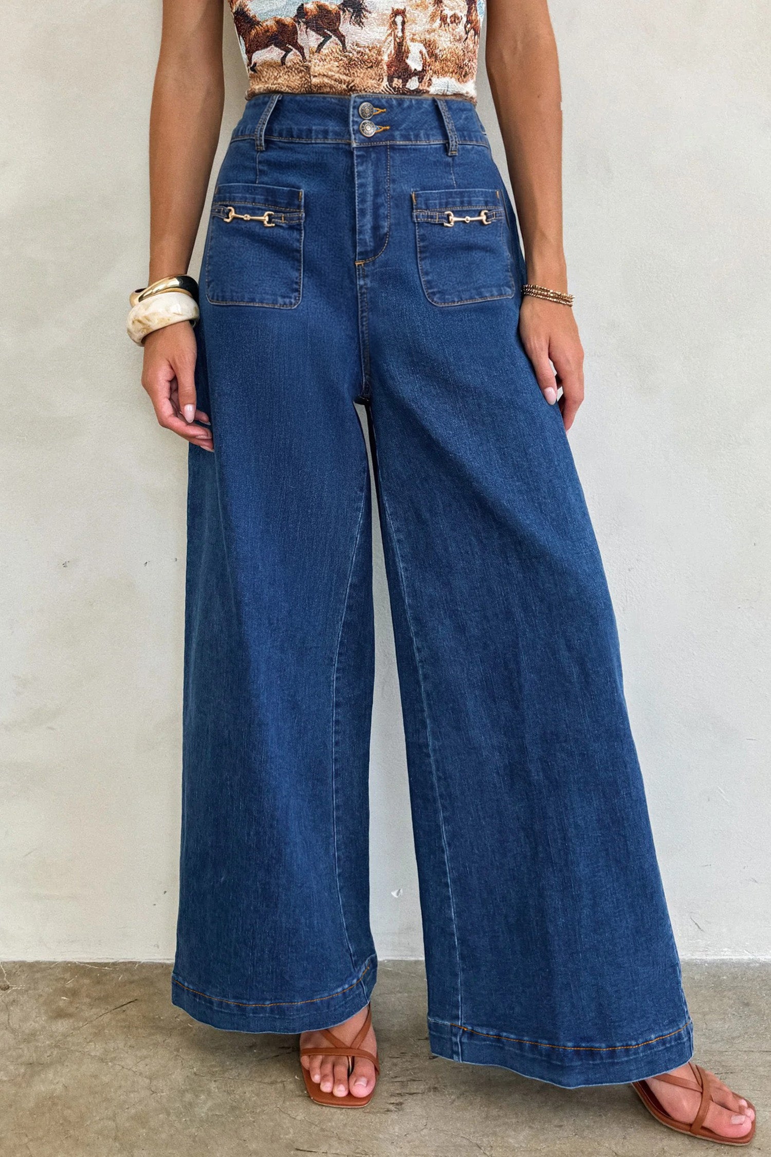 Sail Blue Hardware Decor Patched Pockets Wide Leg Jean Pants