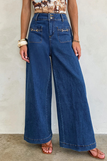 Sail Blue Hardware Decor Patched Pockets Wide Leg Jean Pants
