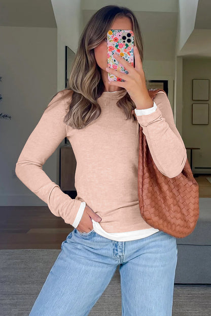 Smoke Gray False Two Piece Color Block Patchwork Long Sleeve Top