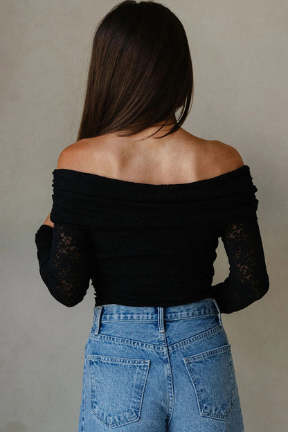 Black Floral Lace Off-shoulder Long Sleeve Slim Top