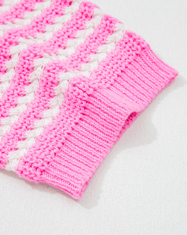 Pink Stripe Short Sleeve Knit V Neck Bow Knot Sweater