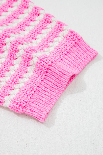 Pink Stripe Short Sleeve Knit V Neck Bow Knot Sweater