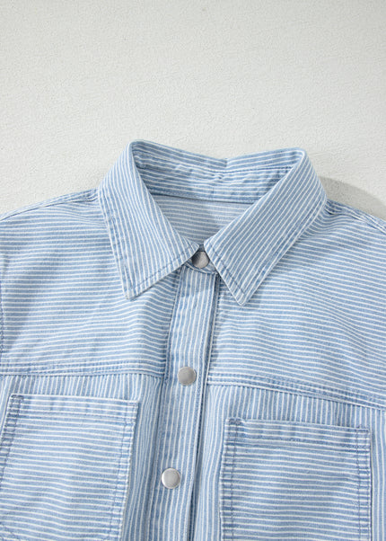 Sky Blue Stripe Collared Button Front Sleeveless Denim Mini Dress