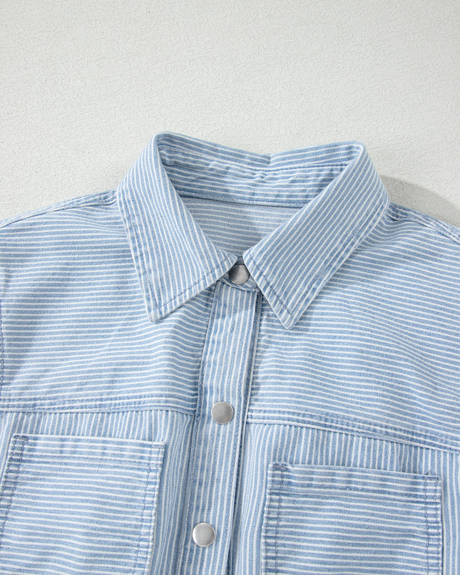Sky Blue Stripe Collared Button Front Sleeveless Denim Mini Dress