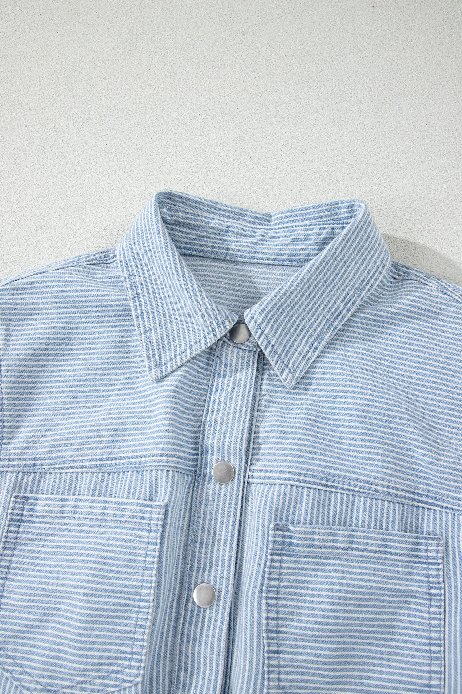 Sky Blue Stripe Collared Button Front Sleeveless Denim Mini Dress