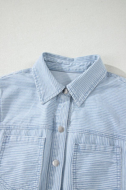 Sky Blue Stripe Collared Button Front Sleeveless Denim Mini Dress