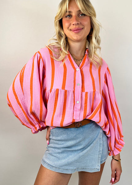 Orange Stripe Crinckled Ruffled Sleeve Button up Loose Shirt