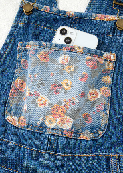 Peacock Blue Floral Patchwork Bib Denim Wide Leg Overalls