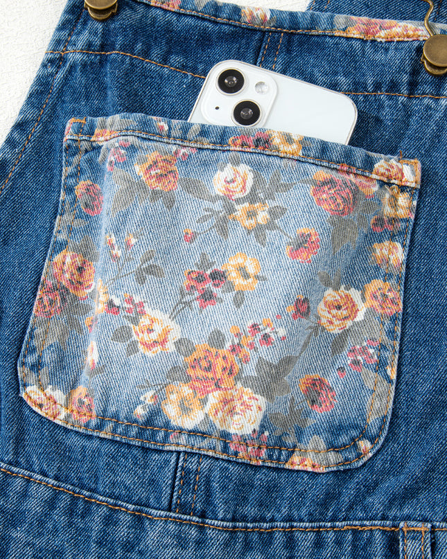 Peacock Blue Floral Patchwork Bib Denim Wide Leg Overalls
